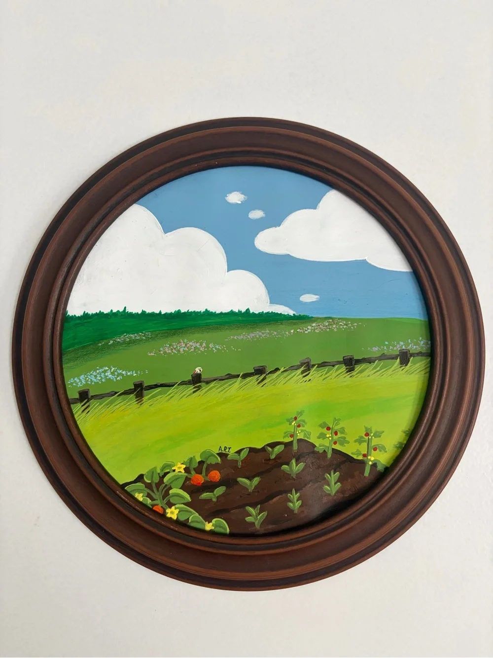 Hand-Painted Round Farm Landscape Wall Art - Green & Blue